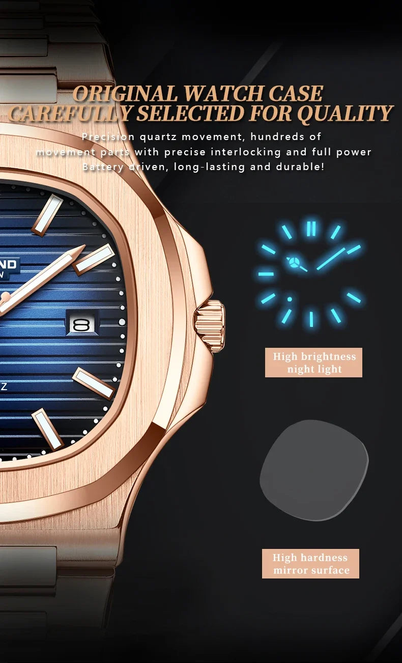 New Casual Business Fashion Quartz Wristwatches Rose Gold Clock Men Luxury Watch Automatic Watches Mens Black Relogio Masculino