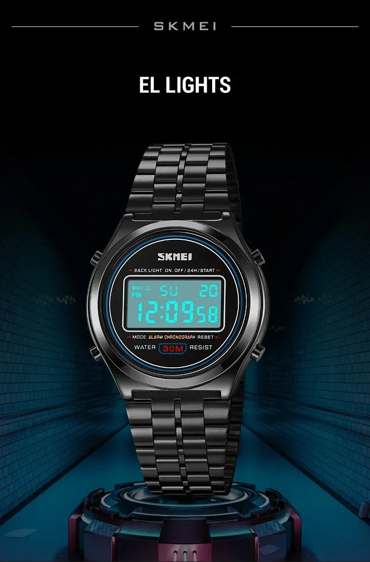 SKMEI 2146  Stainless Steel Men Waterproof Date Alarm Wriswatch reloj hombre Back Light Display Stopwatch Digital Sport Watches
