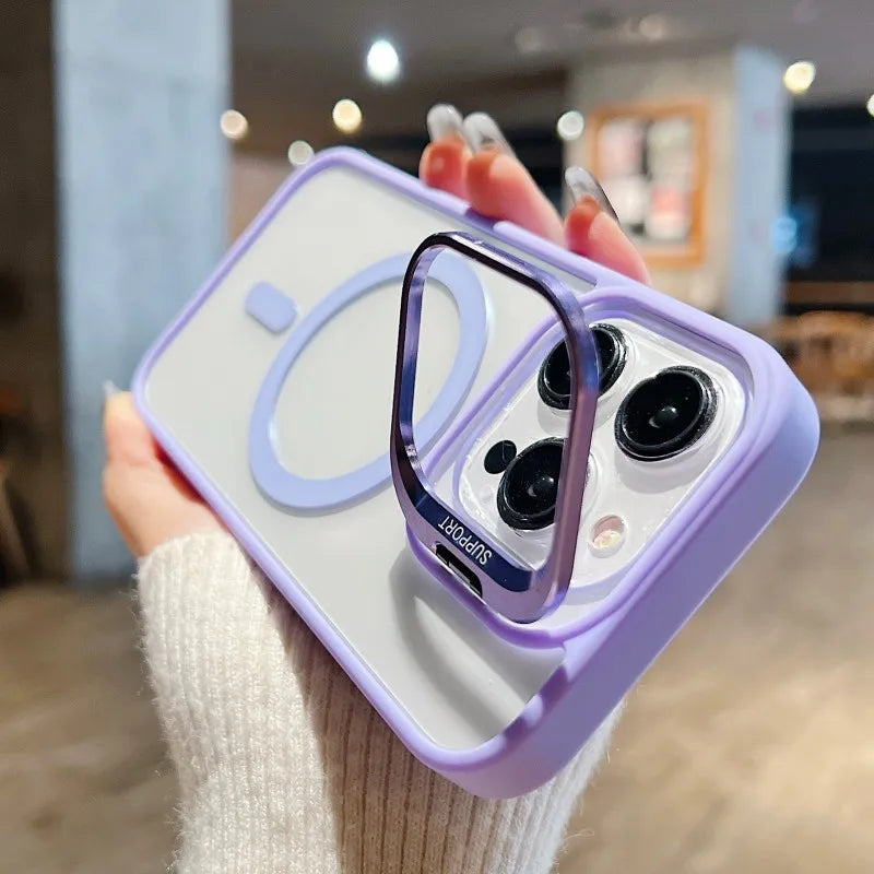 For Magsafe Stand Glass Lens Protector Case For iPhone17 16 15 14 13 11 12 Pro Max 16 Plus Luxury Magnetic Shockproof Back Cover