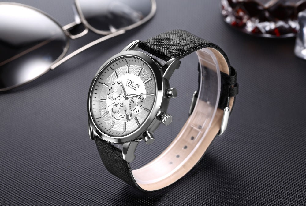 CHRONOS Mens Watches Male Sport Business Quartz Wristwatch  Dress Leather Clock Causal Military Timepiece Relogio Masculino