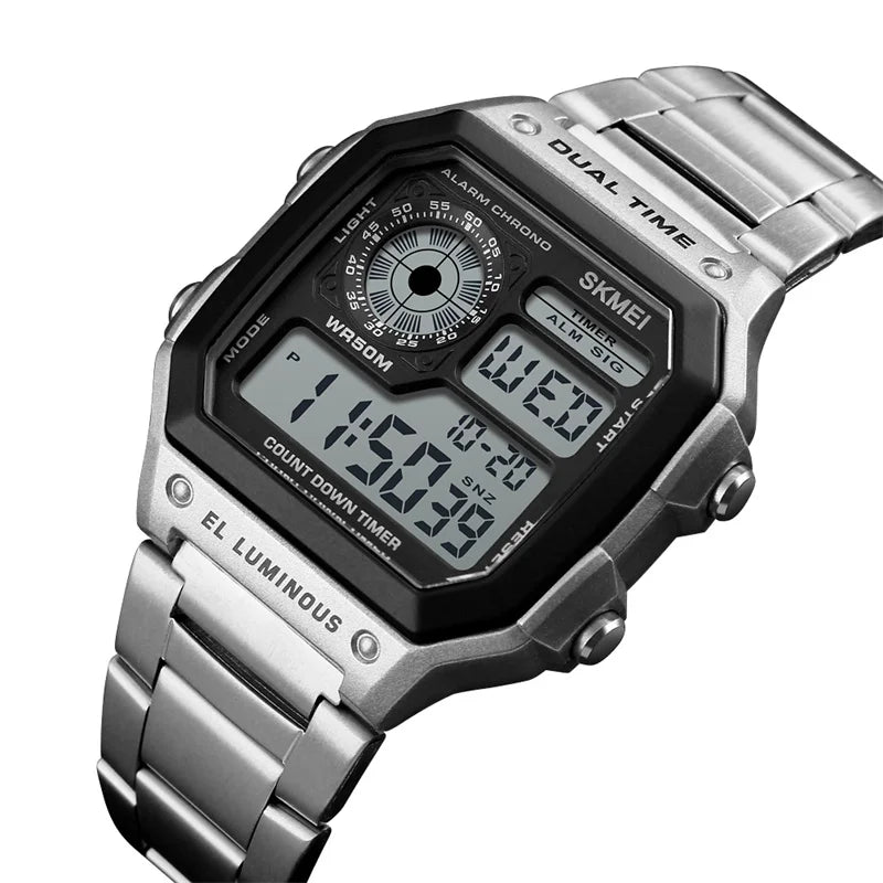 Skmei Dual Time Zone Men's Digital Sports Bracelet Watches Luxury Stainless Steel Band 50M Waterproof Led Chronograph Stop Watch