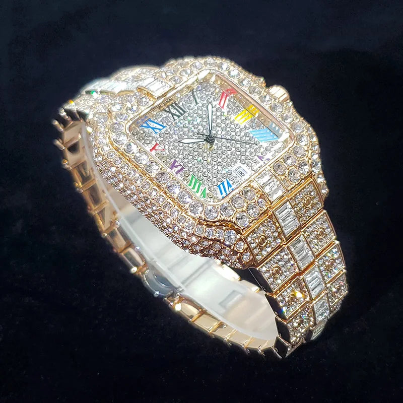 2025 New Luxury Diamond Watch Men Fashion Iced Out Square Colorful Number Watches Hip Hop Bling Jewelry Reloj Hombre for Party