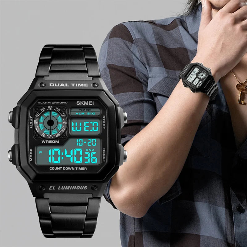 Skmei Dual Time Zone Men's Digital Sports Bracelet Watches Luxury Stainless Steel Band 50M Waterproof Led Chronograph Stop Watch