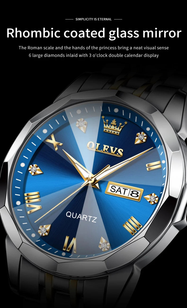 OLEVS Men's Watches Rhombus Mirror Original Quartz Watch for Man Waterproof Luminous Stainless Steel Wristwatch Male Date Week