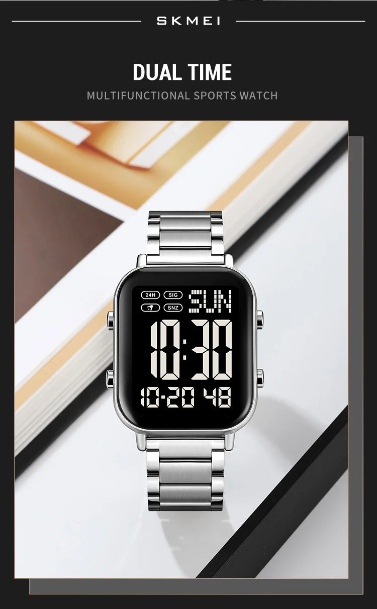 Skmei Men Digital Watches Luxury Stainless Steel Strap Dual Time Zone Man Sports Bracelet Watch 30M Waterproof Male Alarm Clock