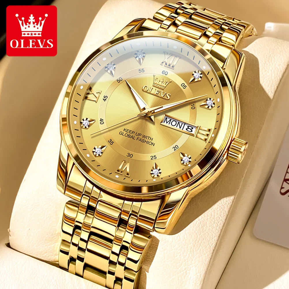 OLEVS 5513 Mens Watch Original Fashion Brand Quartz Waterproof Luminous Watch For Man Stainless Steel Dual Calendar Watch Box