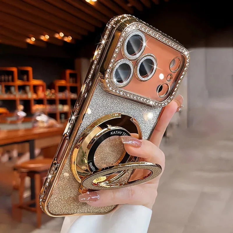 Plating transparent diamond glitter magnetic phone case for iPhone 17 16 13 14 15 Pro Max lens protection bracket back cover