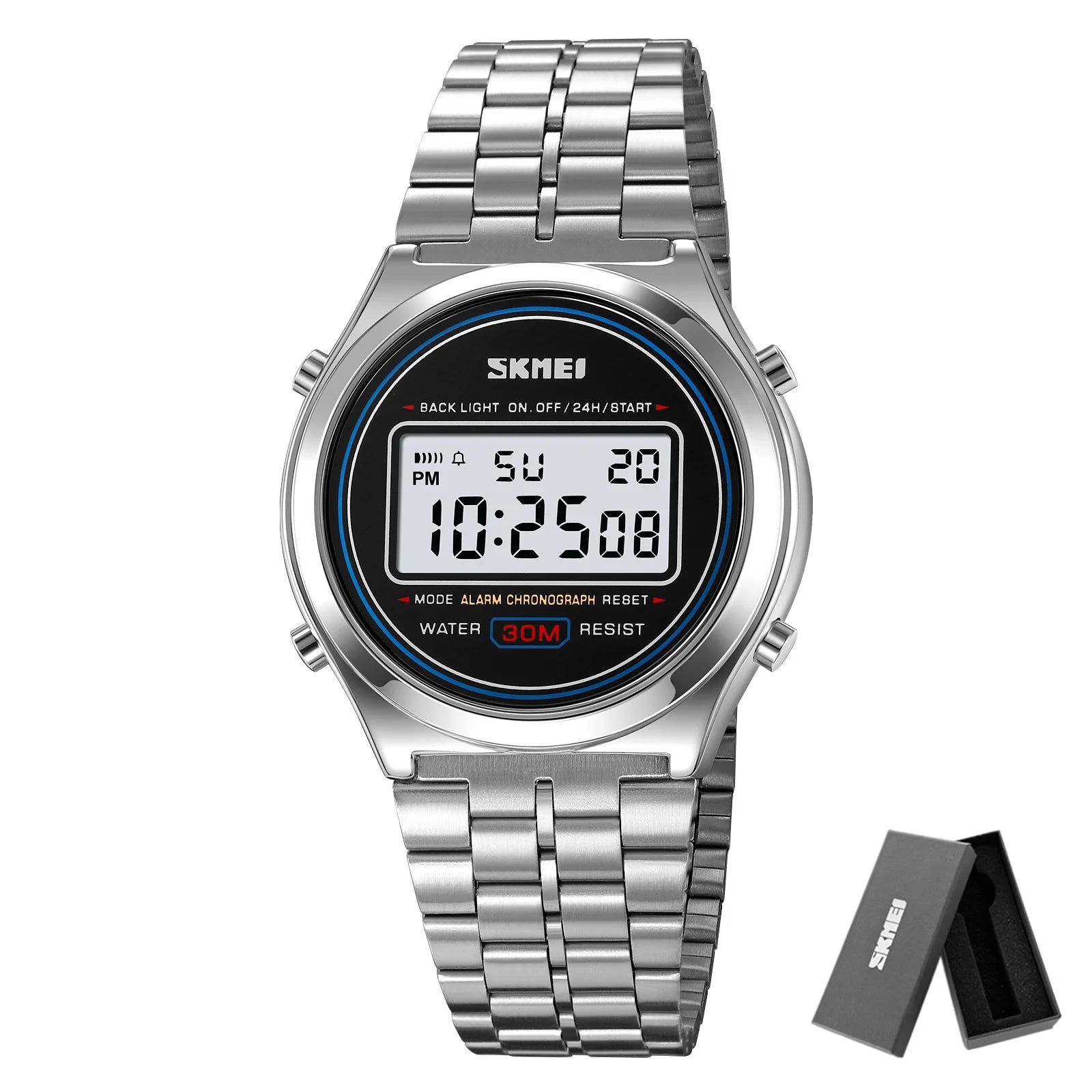 SKMEI 2146  Stainless Steel Men Waterproof Date Alarm Wriswatch reloj hombre Back Light Display Stopwatch Digital Sport Watches