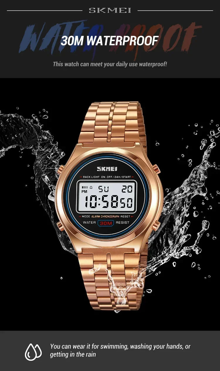 SKMEI 2146  Stainless Steel Men Waterproof Date Alarm Wriswatch reloj hombre Back Light Display Stopwatch Digital Sport Watches