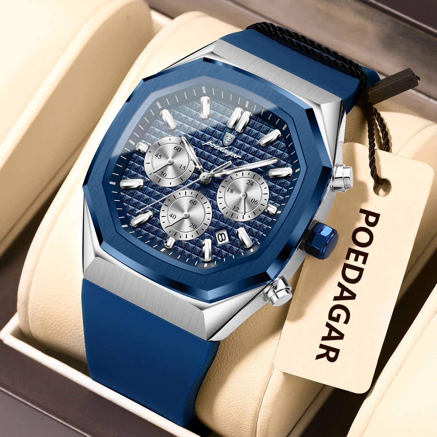 POEDAGAR Business Men's Wristwatch Chronograph Date Silicone Strap Man Watch Waterproof Luminous Military Quartz Watches For Men