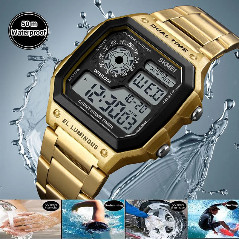 Skmei Dual Time Zone Men's Digital Sports Bracelet Watches Luxury Stainless Steel Band 50M Waterproof Led Chronograph Stop Watch