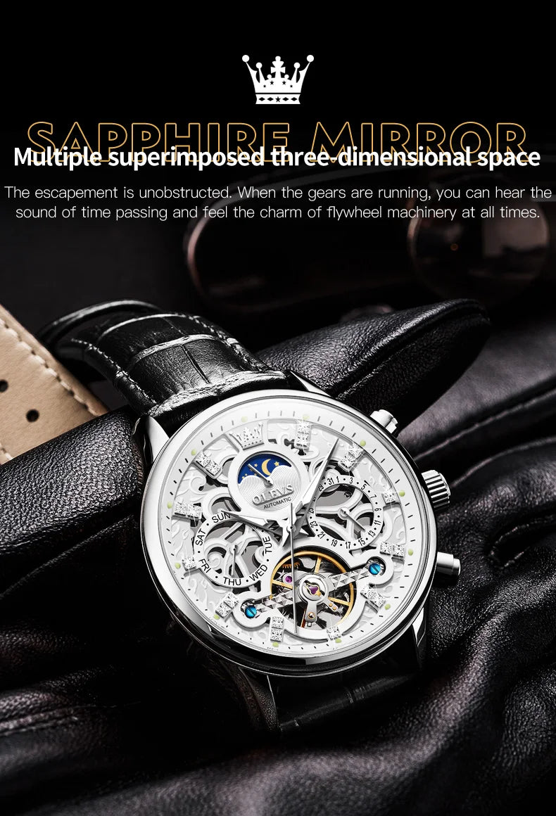 OLEVS 6658 Mens Watch Business Leather Strap Reloj  Hollow out Mechanical Automatic Wristwatch Waterproof Luminous Watch For Man