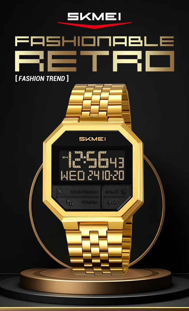 Skmei Luxury Steel Strap Digital Watches for Mens LED Light 50M Waterproof Fashion Sports Dual Time with Alarm Clock