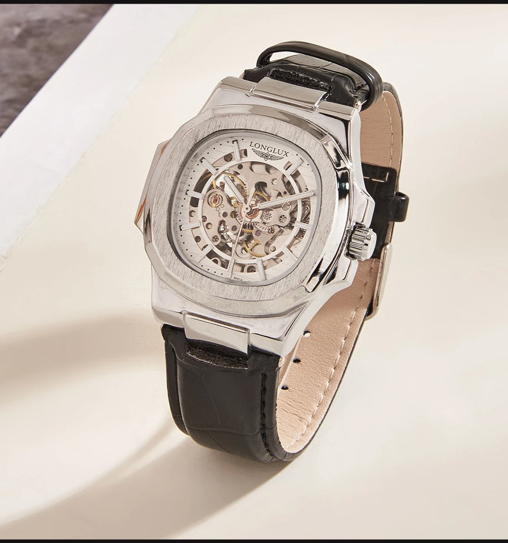 LONGLUX automatic mechanical watch outdoors simple luxury watches waterproof cheap wholesale skeleton leather mens watch gift