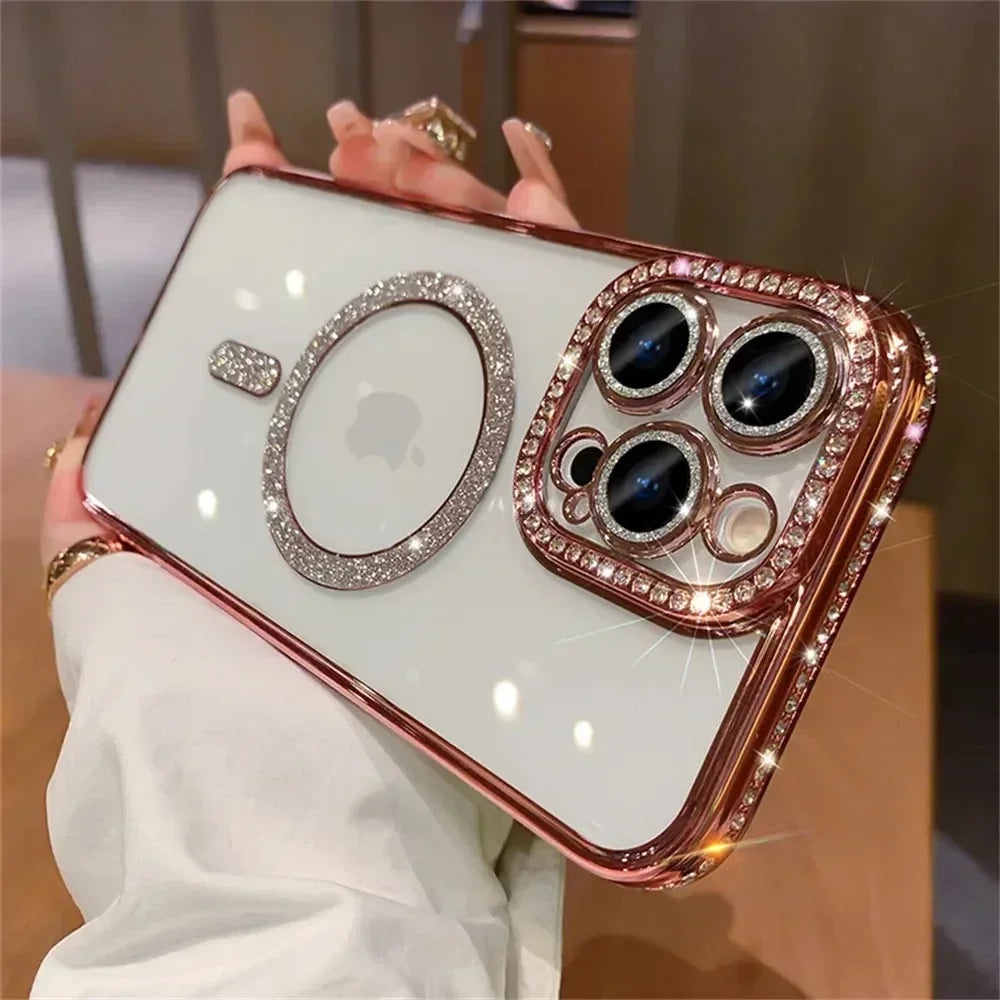 New Fashion Glitter Diamond Transparent Case For iPhone 17 16 15 14 13 11 12 Pro Max Funda Magnetic Wireless Charge Bumper Cover