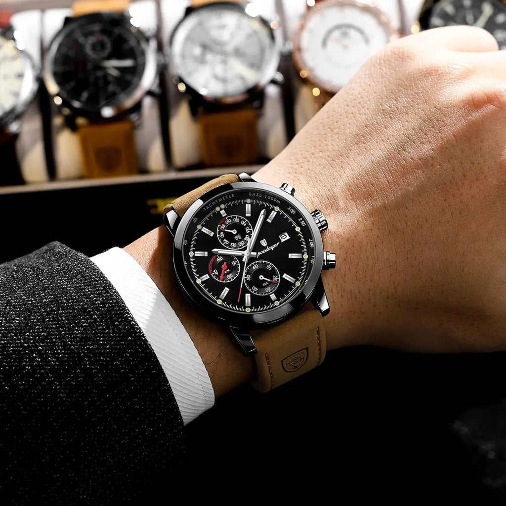 POEDAGAR Fashion Quartz Men's Watch Waterproof Luminous Chronograph Date Leather Man Watch Luxury Business Watches For Men Reloj