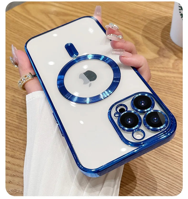 Luxury Plating For Magsafe Case For iPhone 16 15 14 13 12 11 Pro Max Wireless Charge Magnetic Cover With Camera Lens Protector