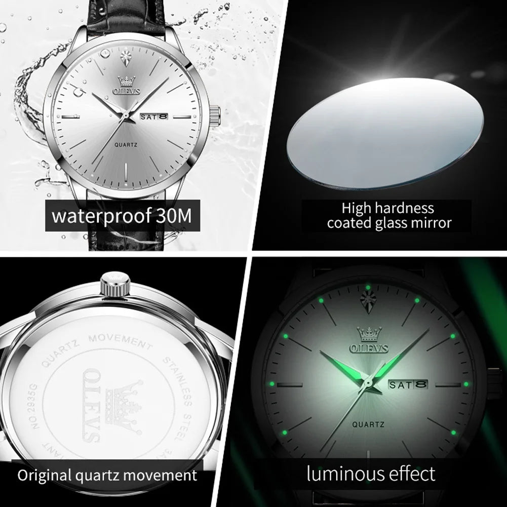OLEVS 2935 Men's Watch Dual Calendar Waterproof Luminous Quartz Watch For Men 43mm Big Dial Leather Fashion Business Wristwatch