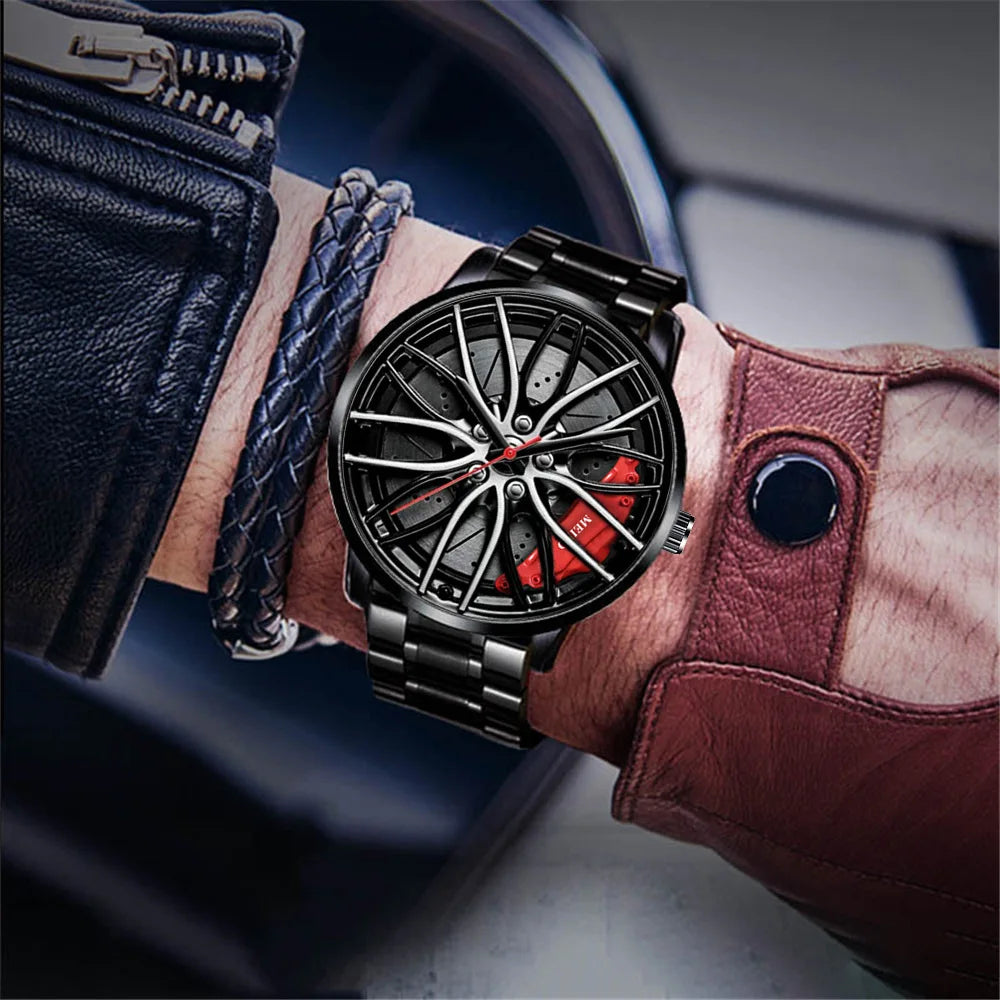 New Fashion Men Leather Watches Men Car Wheel Hub Stainless Steel Quartz Watch For Mens Military Sports Watch Relogio Masculino