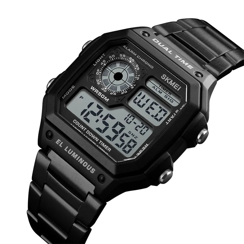 Skmei Dual Time Zone Men's Digital Sports Bracelet Watches Luxury Stainless Steel Band 50M Waterproof Led Chronograph Stop Watch
