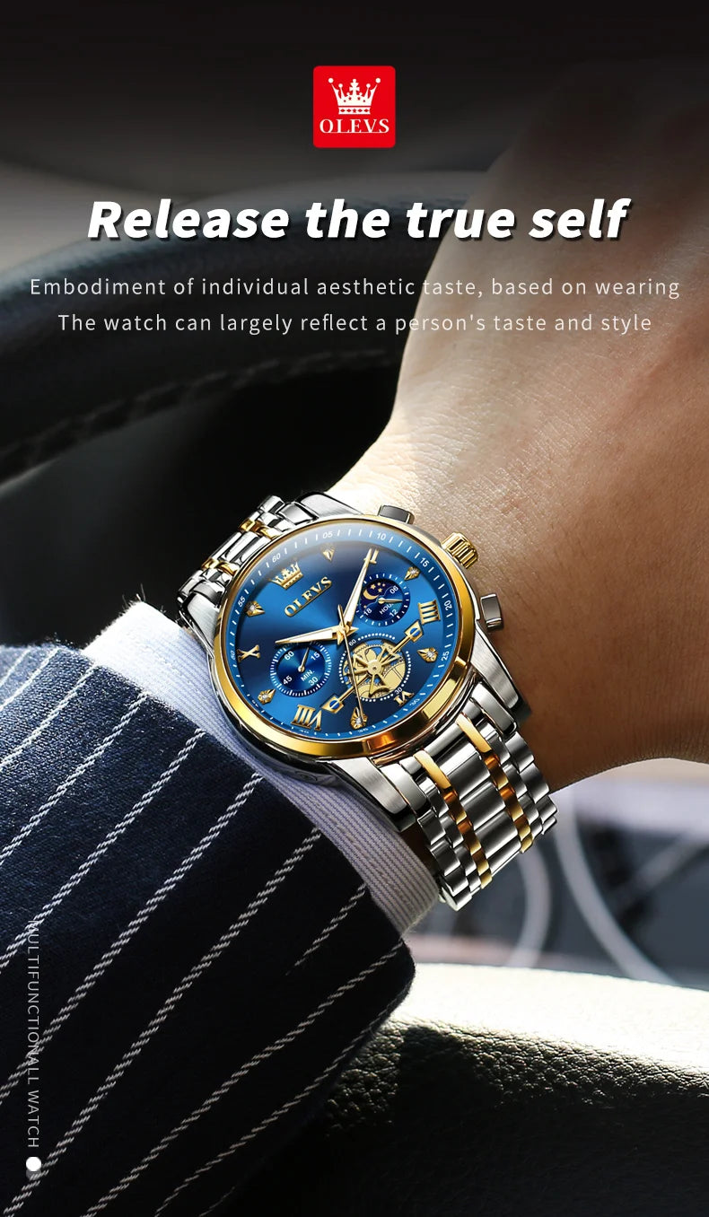 OLEVS 2856 Quartz Watch for Men Flywheel Skeleton Chronograph Moon Phase Multifunctional Stainless steel Men's Wristwatches