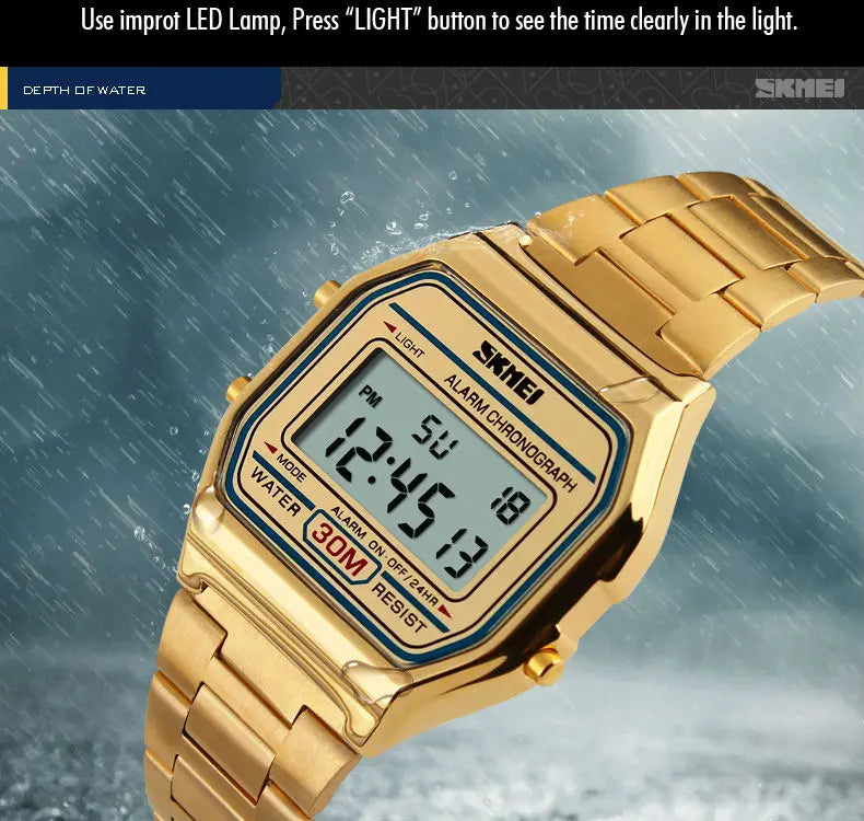 Skmei 3Bar Waterproof Digital Watch Reloj Hombre For Casual Sport 1123 Fashion Men Stainless Steel Strap LED Display Watches
