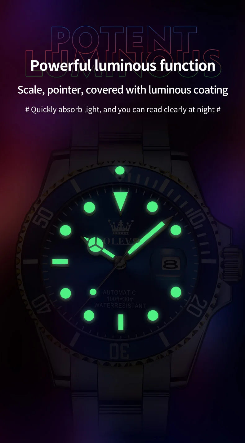 OLEVS 6650 Men Watch Classic Original Automatic Mechanical Watch For Man Zircon Scale  Waterproof Luminous Stainless Steel Reloj
