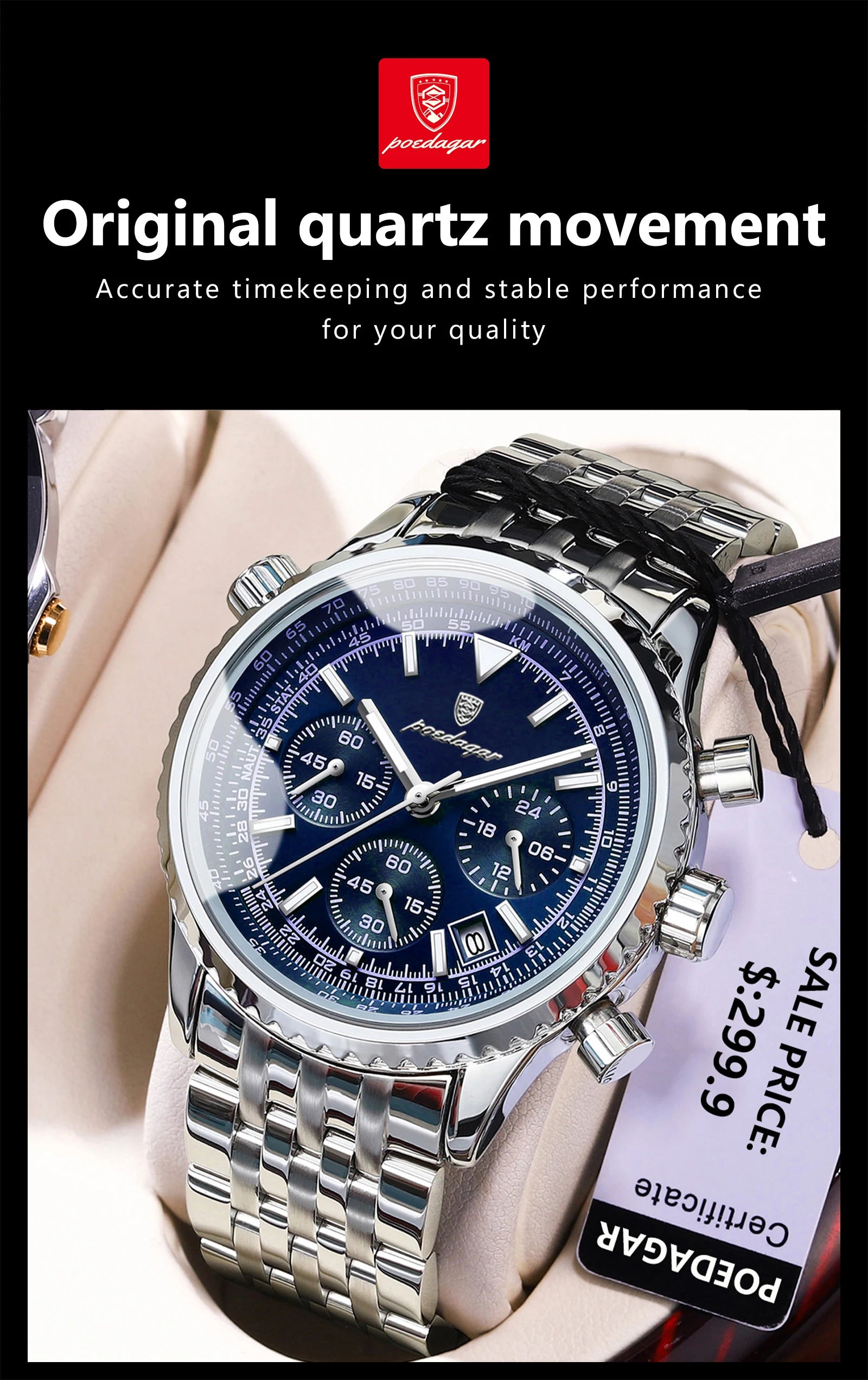 POEDAGAR Luxury Sport Man Watch Chronograph Date Waterproof Luminous Men's Quartz Watches Stainless Steel Fashion Men Wristwatch