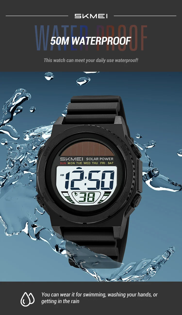 SKMEI Solar Energy Digital Sports Electronic Watches For Men Fashion Casual 5Bar Waterproof Chrono Wristwatch Clock Reloj Hombre