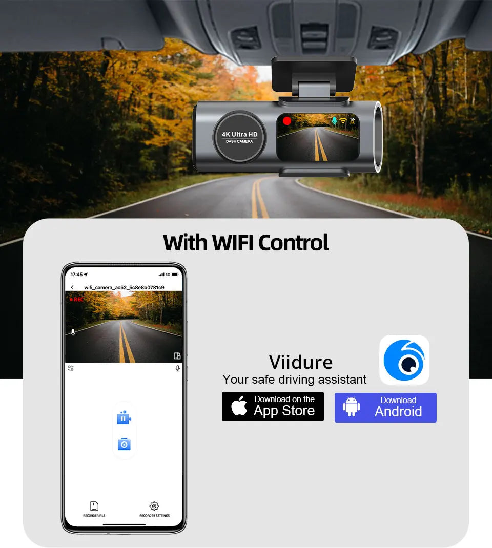 Dash Cam 4K UHD Recording Car Camera DVR us Night Vision Video Recorder Built-In Wi-Fi Support GPS 24H Parking