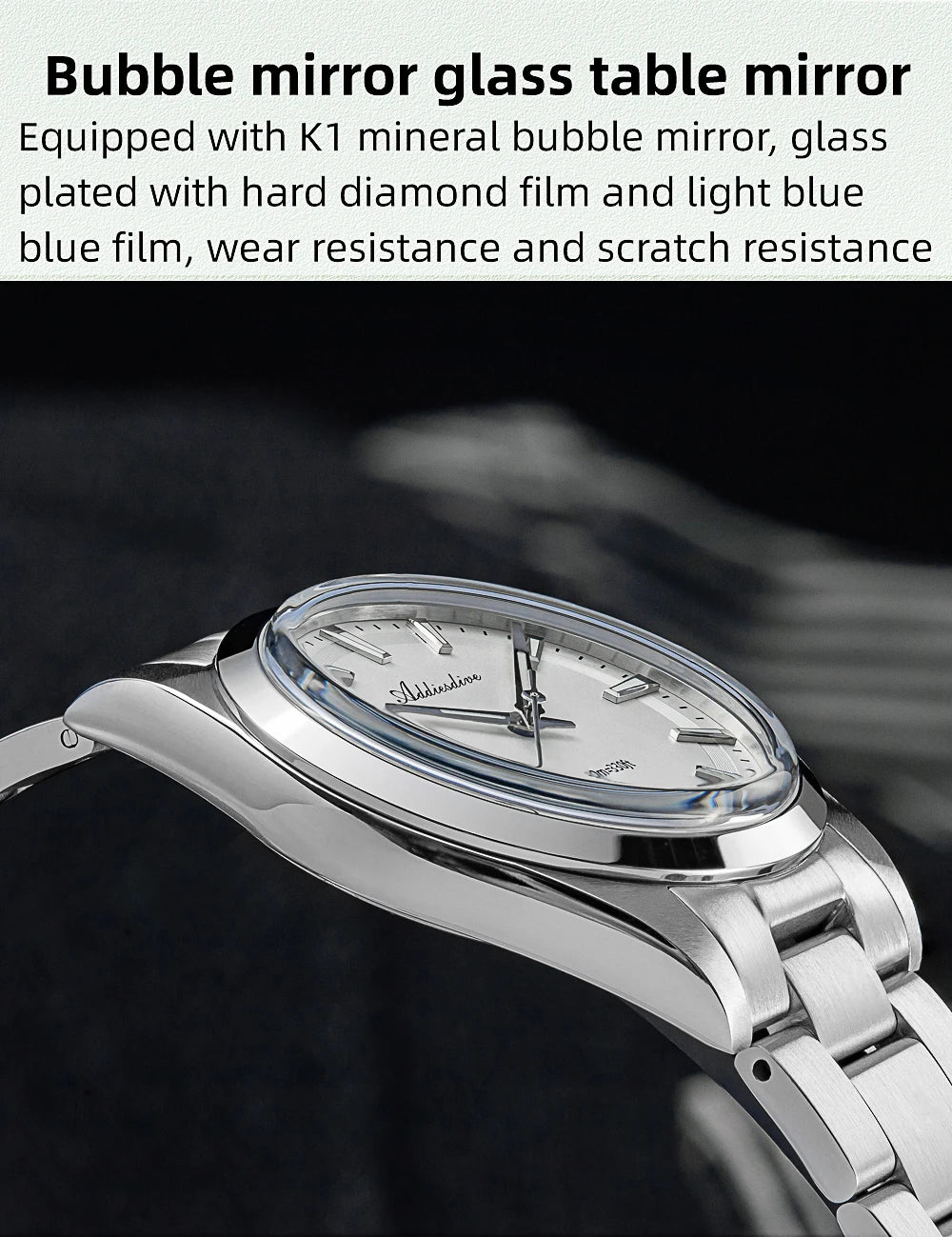 ADDIESDIVE 36MM Simple Stainless Steel Men's Watch Bubble Mirror Glass Luxury Quartz Watches 100M Waterproof AD2066 Reloj Hombre