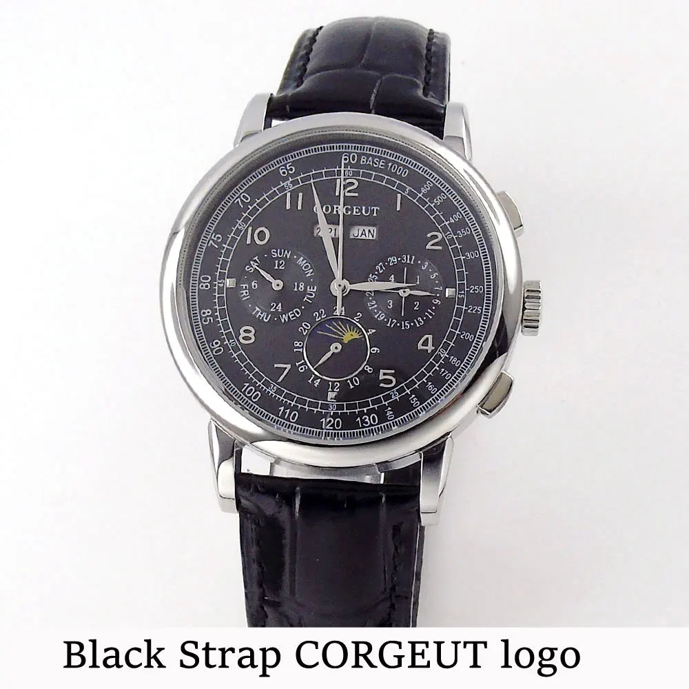 Corgeut 42mm Automatic Men's Watch Date Day Month Year Salmon Dial Multifunction 316L Leather Strap Polished Case Day Night