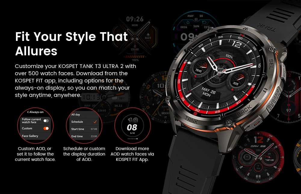 KOSPET TANK T3 Ultra 2 GPS Smart Watches Men Compass Altimeter Barometric 5ATM IP69K Waterproof AMOLED Bluetooth Call Mens Watch