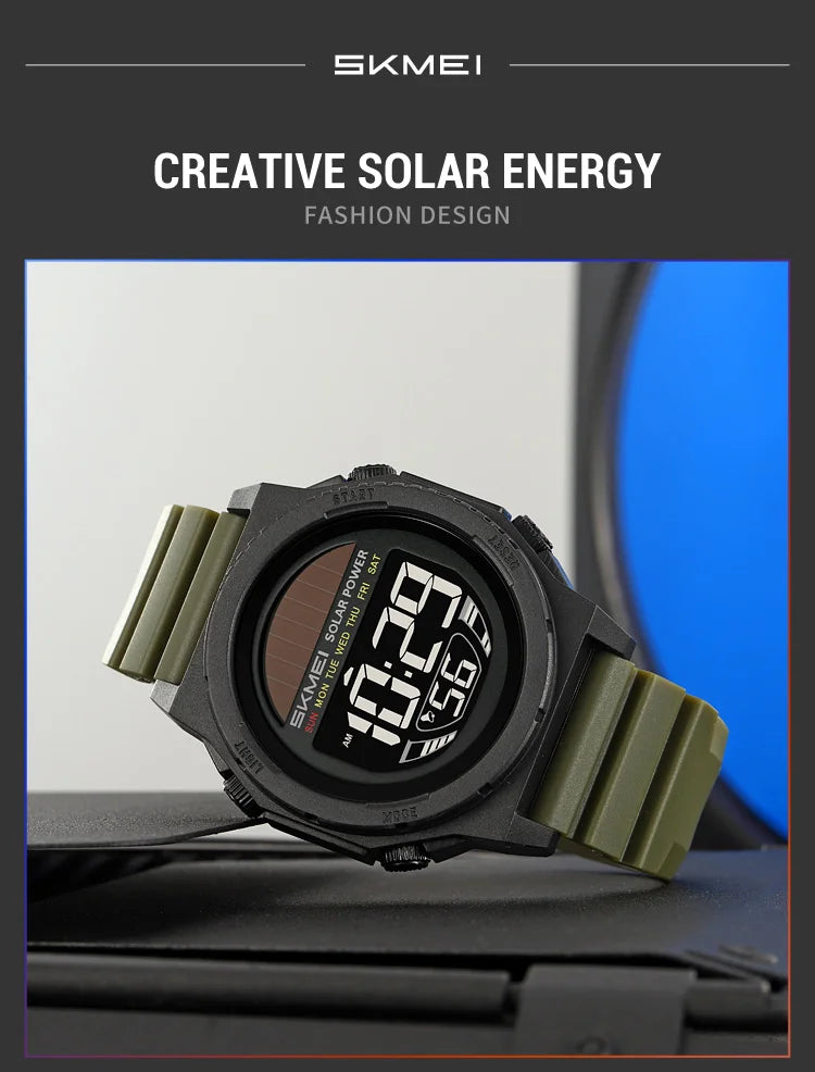 SKMEI Solar Energy Digital Sports Electronic Watches For Men Fashion Casual 5Bar Waterproof Chrono Wristwatch Clock Reloj Hombre