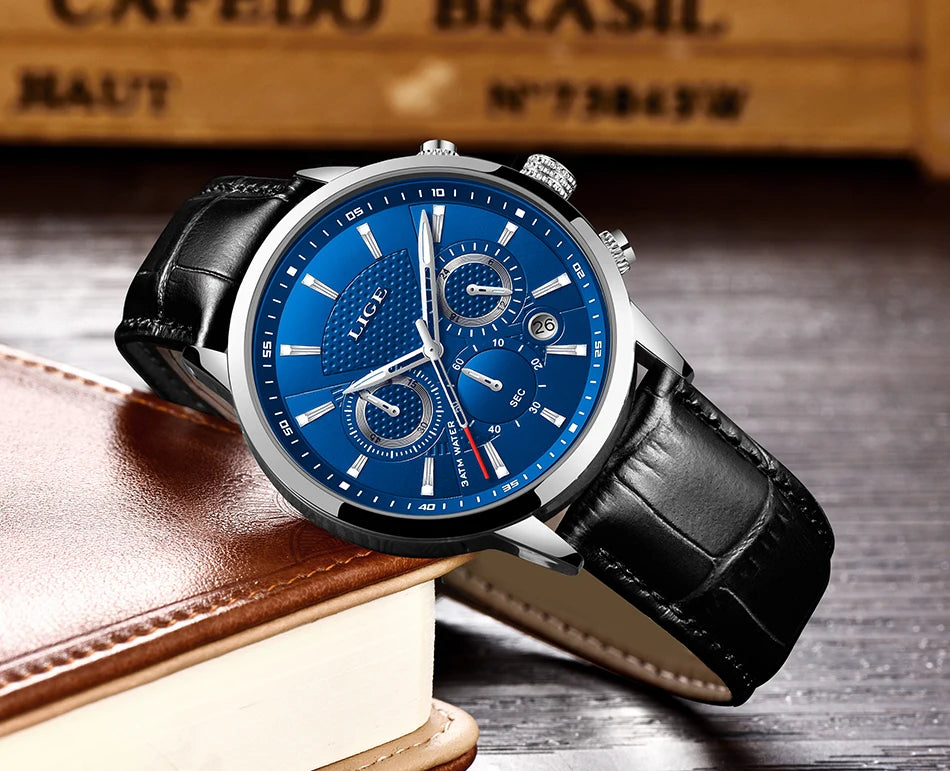 LIGE New Brown Leather Watch for Men Fashion Top Brand Luxury Men's Quartz Wristwatches Casual Waterproof Luminous Chronograph