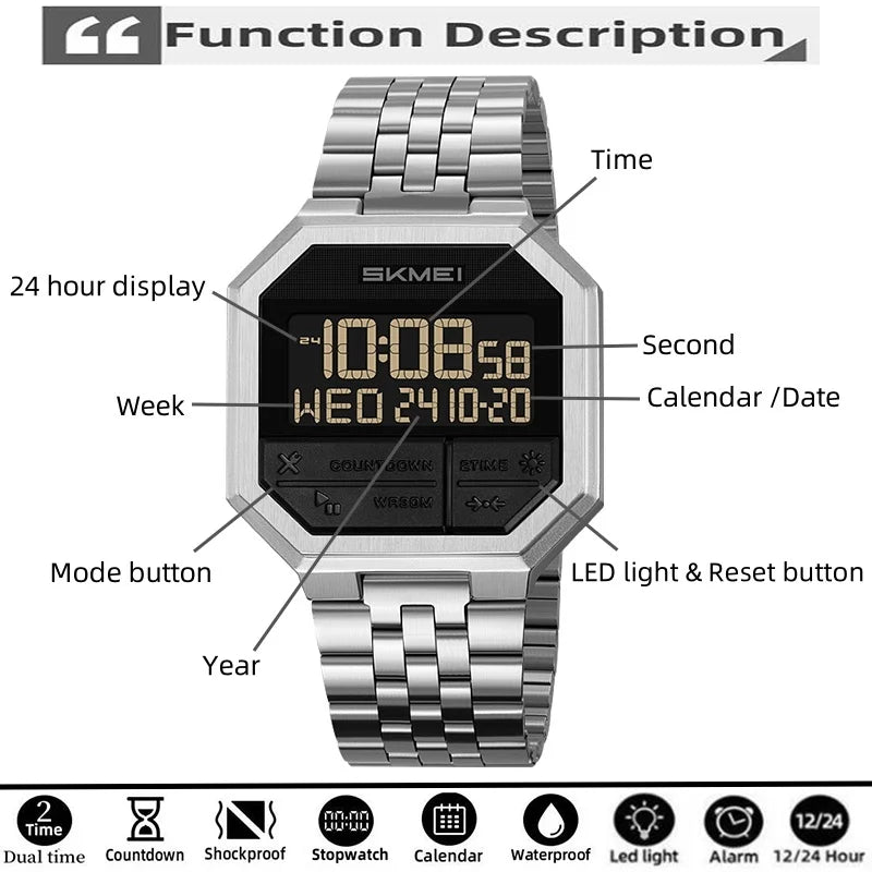 Skmei Luxury Steel Strap Digital Watches for Mens LED Light 50M Waterproof Fashion Sports Dual Time with Alarm Clock