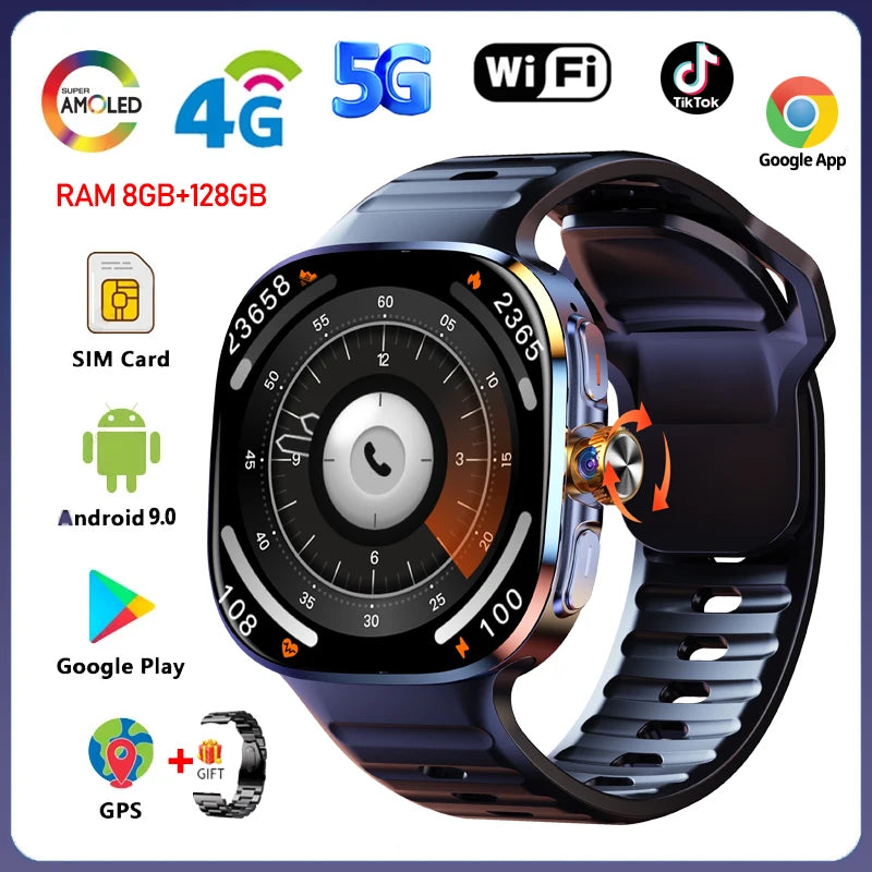 8GB+128GB RAM 5G/4G Smart Watch 2.4 inch AMOLED 2100mah Battery 900W Camera GPS WIFI Google APPS Download Smartwatch Android 10