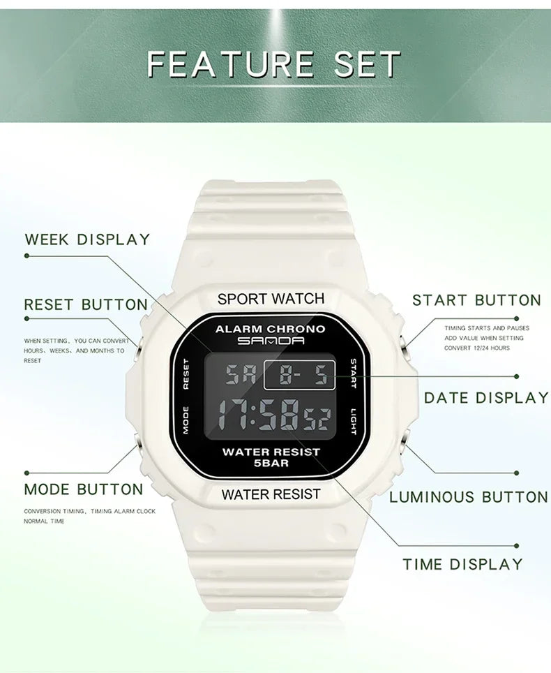 SANDA 293  Waterproof Watch Fashion Brand Ladies Watches For Women Sport Digital Wristwatches Female Clock LED Display 50m