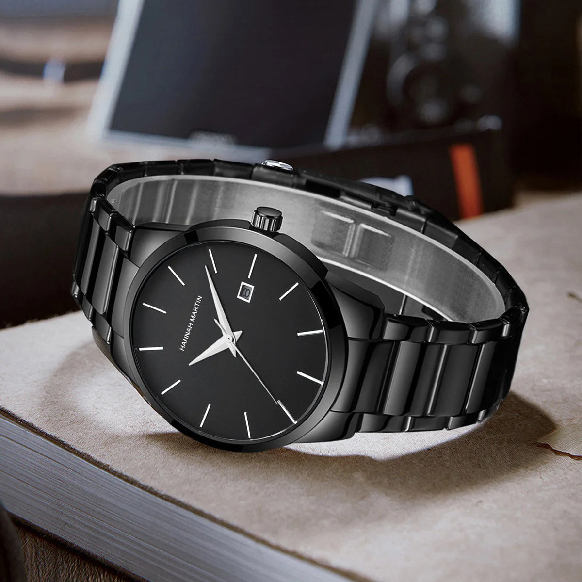 HANNAH MARTIN Men Watch 40mm Stainless Steel Quartz Fashion Business Full Black 3Bar Waterproof Sports Calendar Wristwatch reloj