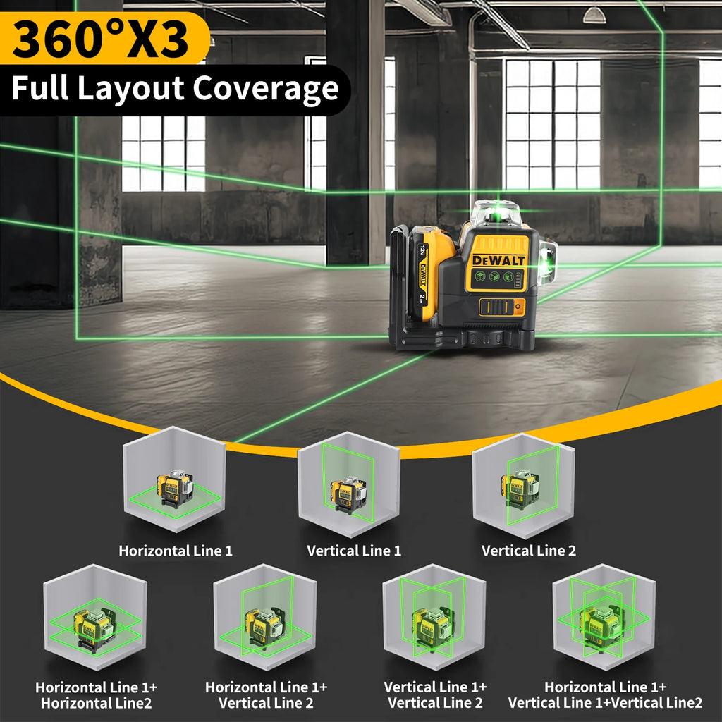 Dewalt us DW089LG12-Line Green Laser Level,360°Auto Leveling Cordless Rechargeable Measuring Tool for Construction Professional Use