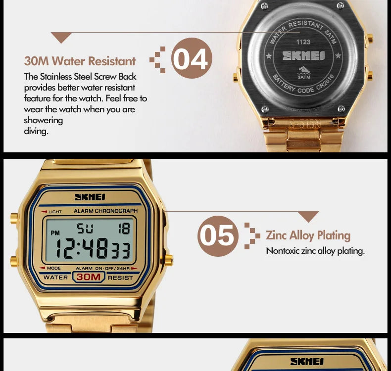 Skmei 3Bar Waterproof Digital Watch Reloj Hombre For Casual Sport 1123 Fashion Men Stainless Steel Strap LED Display Watches