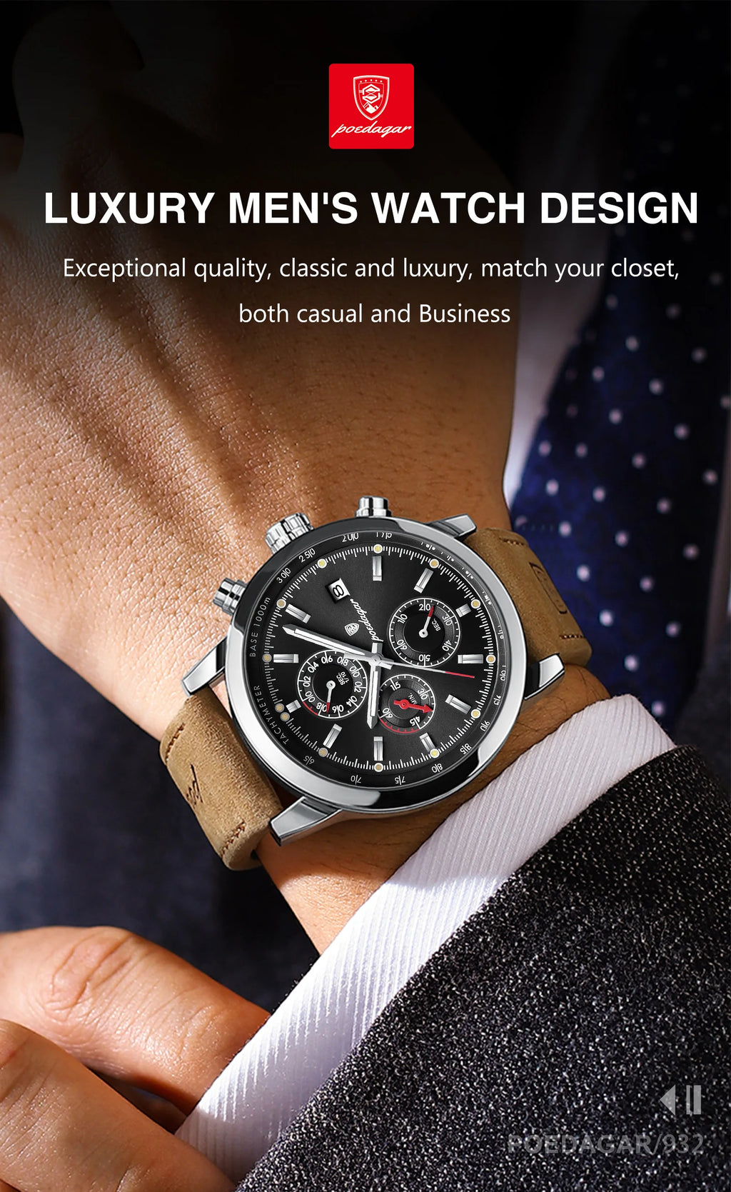 POEDAGAR Fashion Quartz Men's Watch Waterproof Luminous Chronograph Date Leather Man Watch Luxury Business Watches For Men Reloj