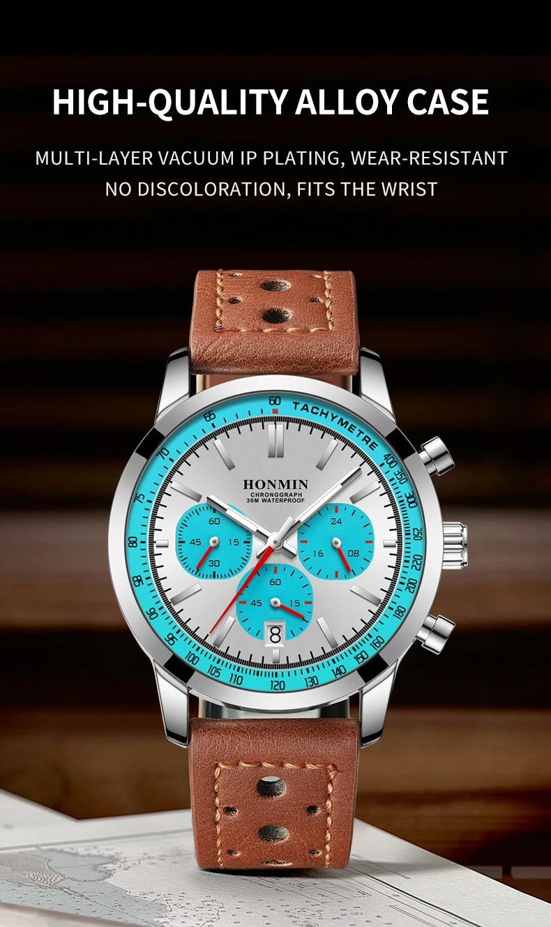 HONMIN Man Luxury Watch High Quality Waterproof Chronograph Luminous Men's Wristwatch Leather Men Quartz Watches Casual Clock