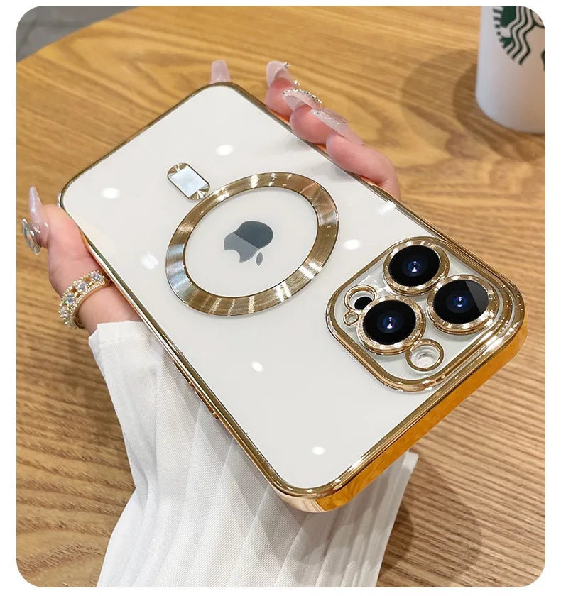 Luxury Plating For Magsafe Case For iPhone 16 15 14 13 12 11 Pro Max Wireless Charge Magnetic Cover With Camera Lens Protector