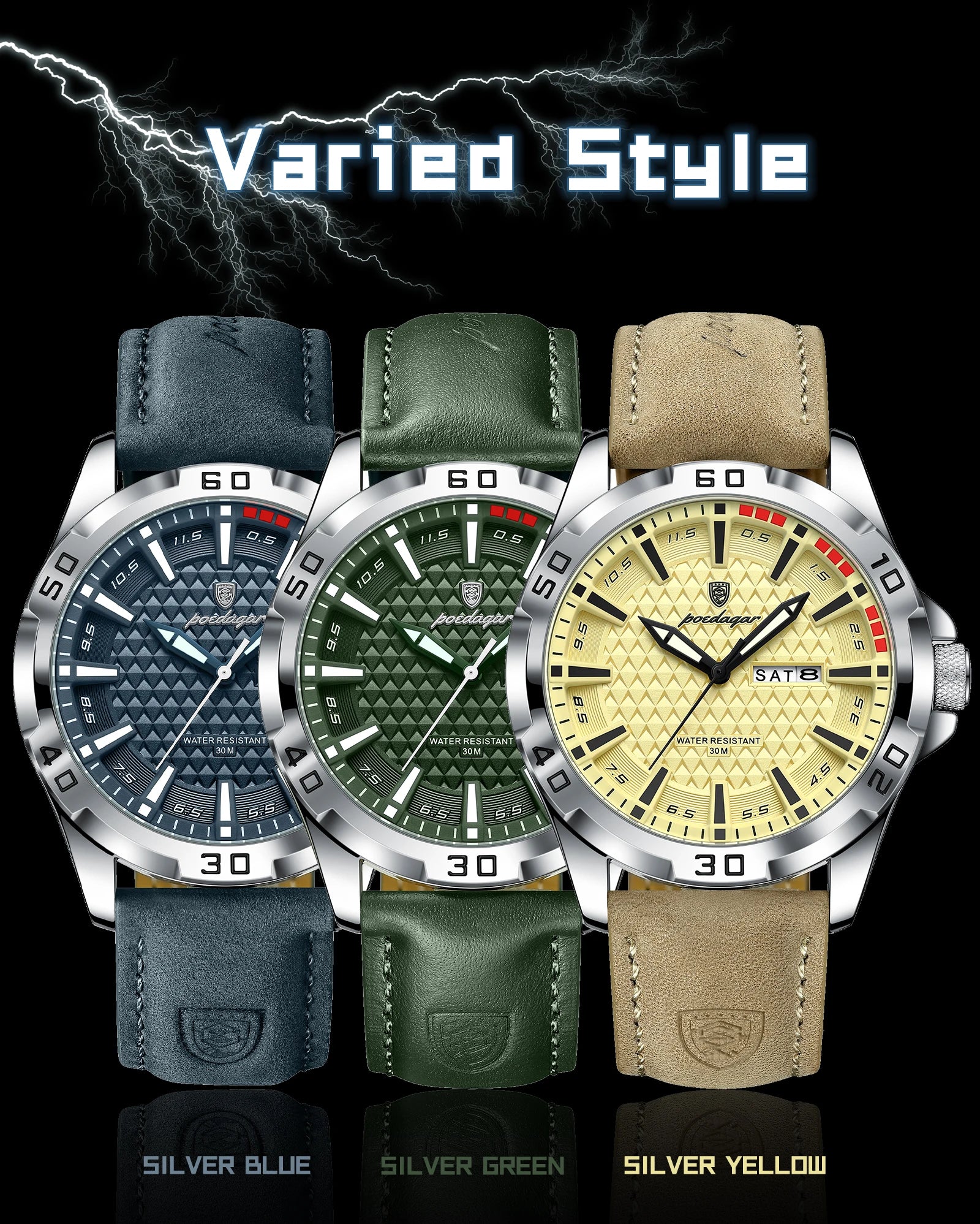 POEDAGAR Top Casual Sports Men Watch Waterproof Luminous Date Week Fashion Watch For Man Leather Classic Men's Quartz Wristwatch