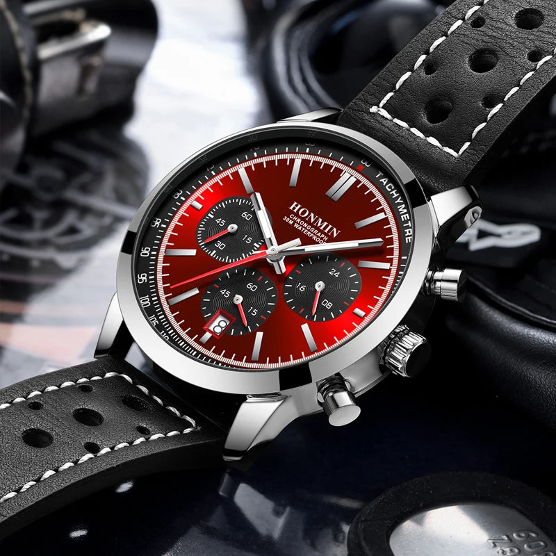 HONMIN Man Luxury Watch High Quality Waterproof Chronograph Luminous Men's Wristwatch Leather Men Quartz Watches Casual Clock