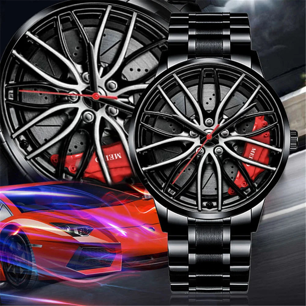 New Fashion Men Leather Watches Men Car Wheel Hub Stainless Steel Quartz Watch For Mens Military Sports Watch Relogio Masculino