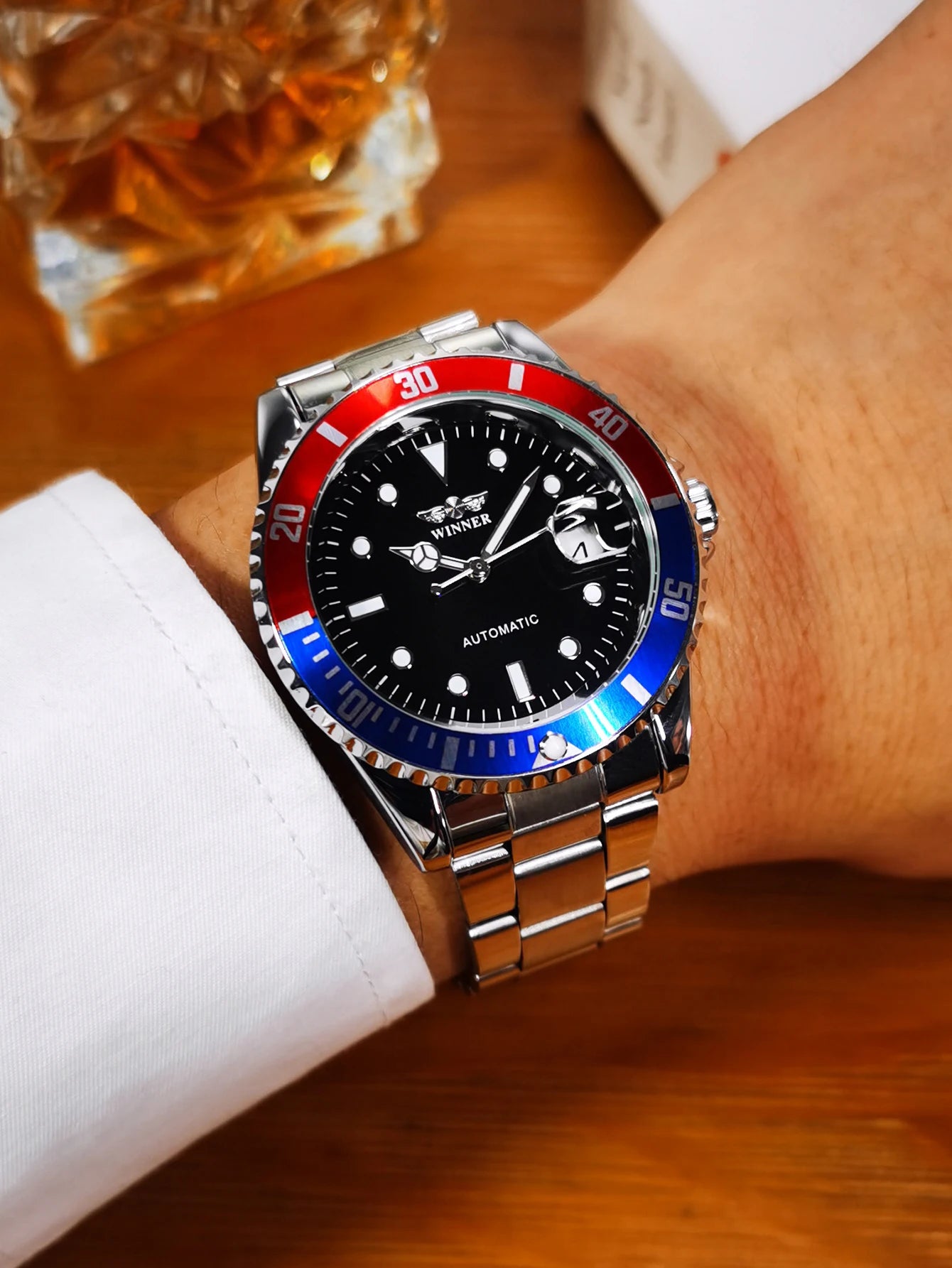 WINNER Classic Mechanical Watch for Men Rotating Bezel Luminous Calendar Fashion Business Automatic Watches Stainless Steel Band