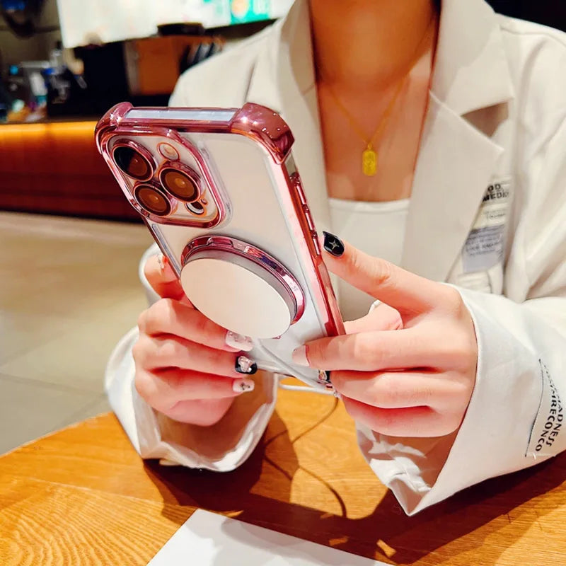 For OPPO Reno 14 13 12 11 Reno14 Reno13 F Pro 13F 14F 12F Case Magnetic Bracket Holder Plating Soft Transparent Shockproof Cover