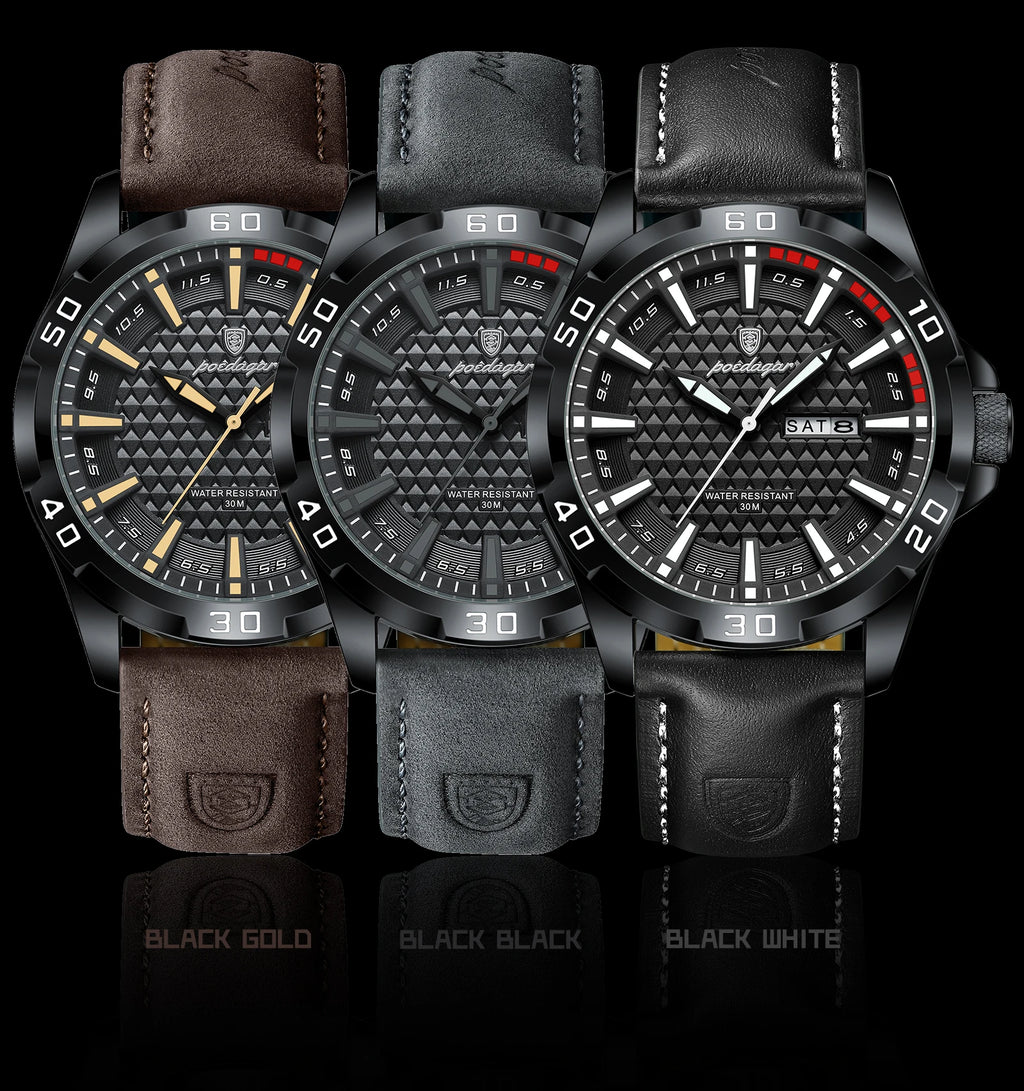 POEDAGAR Top Casual Sports Men Watch Waterproof Luminous Date Week Fashion Watch For Man Leather Classic Men's Quartz Wristwatch